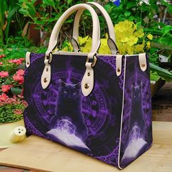 Vintage Purple Wiccan Black Cat Purse Handbag, Cat Leather Bag, Leather handbag