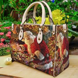 Santa Claus Women Leather Handbag, Custom Leather Handbag, Christmas Woman Handbag