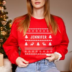 Matching Ugly Family Christmas Jumper with Names Reindeer Santa Xmas Sweatshirt Festive Holiday Family Set Mum Dad Child