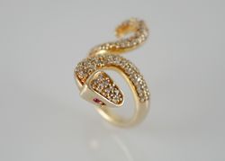 Snake Yellow Gold Ring With Ruby and Diamond Stones