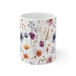 Pressed Flowers Coffee Mug Watercolor Floral Mug 11oz Ceramic Flower Pattern Mu