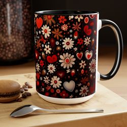 Pretty Black Flower Daisy Coffee Mug, Beautiful Heart And Floral Mix Cup