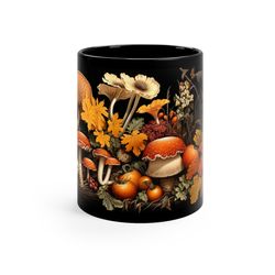 Rustic Fall Coffee Mug 11oz Black Ceramic Coffee Mug Earth Tone Mushroom Tea Cu