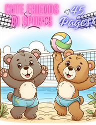 Coloring Book Cute Friends in Sports, Easy Coloring Pages, Coloring Book for Kids, Cute Animals Coloring Book,