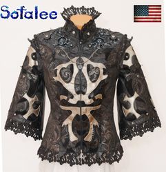 Genuine leather Jacket short sleeves aristocratic style silver-black color/ Exclusive handmade  clothes by Sofalee