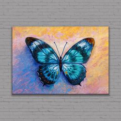 Blue Abstract Butterfly Canvas Painting, Oil Painting Look Minimalist Wall Art, Butterfly Poster, Framed Art, Gift for M