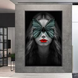 Modern oil painting Beautiful girl with Looking Butterfly and red lips Canvas Painting, Abstract Cool Art, Modern Wall D