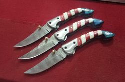 Lot of 3 Handmade Damascus Steel Liner Lock Pocket Folding Knife with Sheath