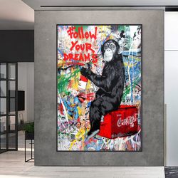 Banksy Fallow Your Dream Canvas Wall Art, Banksy Fallow Your Dream Graffiti Poster, Banksy Monkey Street Art, Modern Can