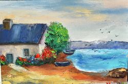 Boat station, seascape painting. Decor for the interior of the room.