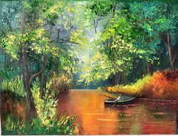 Fishing in the forest. Painting for interior decoration. Forest landscape