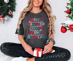 Reindeer Names Multicolor T-Shirt - Christmas Graphic Tee - Holiday Festive Shirt - Winter Apparel, Festive Reindeer Nam