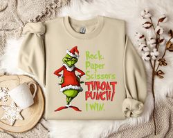 Rock Paper Scissors Grinchy Holiday Sweatshirt, Funny Grinchy Themed Rock Paper Scissors Sweatshirt, Hilarious Rock Pape