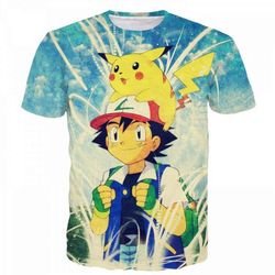 Cute Ash Ketchum Satoshi And Pikachu Pokemon 3D Sky Blue T-Shirt 3D All Over Print