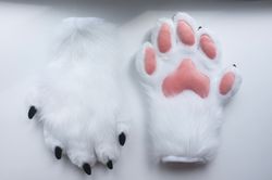 White Fursuit Paws Five Fingers, White Furry Paws with Salmon Pink Pads, White Fursuit Paws with Pink Pads