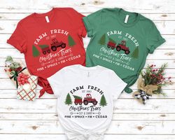 Farm Fresh Christmas Trees Truck Shirt,Red Tractor Shirt,Christmas T-shirt, Christmas Family, Christmas Gift,Christmas T