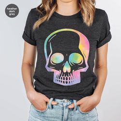 Rainbow Skull Shirt, Skeleton T-Shirts, Skulls T Shirts, Colored Skull Tshirts, Trending Shirt For Women, Spooky Shirt,