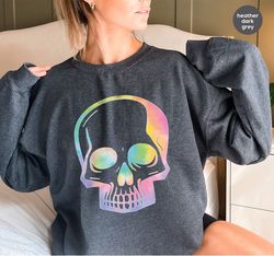 Rainbow Skull Sweatshirt, Skeleton Hoodies, Skulls Long Sleeve Shirts, Colored Skull Sweatshirt, Trending Hoodies, Spook