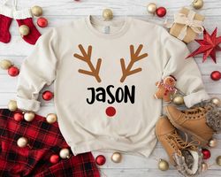 Christmas Custom Name Reindeer Sweatshirt, Christmas Reindeer Sweatshirt, Personalized Christmas Couple Shirt, Kids Holi