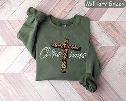 Christmas Cross Sweatshirt, Leopard Jesus Christmas Shirt, Christmas Gift, Faith Christmas Shirt, Holiday Sweaters, New