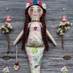Mermaid art doll ,handmade fabric doll ,softie plush cloth doll art doll turquoise rag doll nursery decor room sea decor
