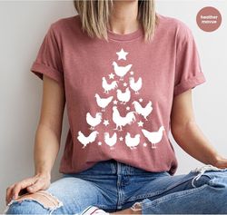Christmas Gifts, Chicken Shirt, Gift for Farmer, Christmas Party TShirt, Christmas Tree Graphic Tees, Farm Animal Clothi