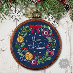 Merry Christmas Cross Stitch Pattern, Christmas Wreath Embroidery  3, Christmas home decoration, PDF 392