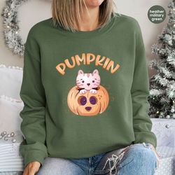 cute pumpkin crewneck sweatshirt, halloween gifts, fall long sleeve shirts, gift for her, cat graphic tees, cat mom hood