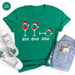 Santa Drink Wine Tshirts, Christmas Red Wine Tees, Christmas Party Tshirts, Christmas Wine Glass Graphic Tees, Family Xm