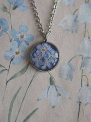 Pressed forget me not flower necklace, Silver stainless steel round necklace