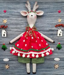 Christmas Deer fabric doll, fawn stuffed doll, heirloom soft doll,handmade cloth doll, rag doll.home decor, ornament