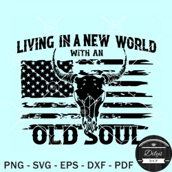 Living In A New World With An Old Soul SVG, bull skull flag SVG