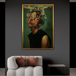 surrealist woman smoking canvas print, surreal artwork, smoking woman artprint, surrealist gift