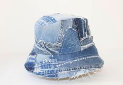 Denim Upcycled patchwork bucket hat Unisex  Bohemian Festival hat Ripped jeans bucket hat Size 54-59 cm
