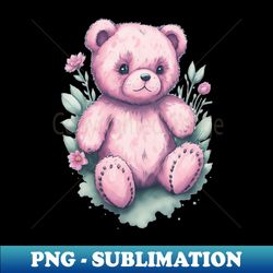 Pink Teddy Bear around Flowers Scattered Watercolor in Pastel Colors - Elegant Sublimation PNG Download - Create with Confidence
