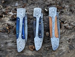 Handmade damascus steel folding pocket knife camping hunting outdoor knife Christmas gift birthday gift fathers gift