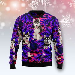 Siberian Husky Leaves Sweater, Ugly Christmas Sweater for Dog Lovers