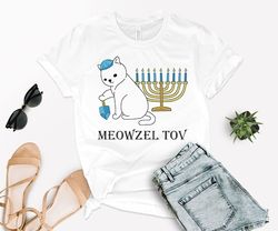 Meowzel Tov Tee, Hanukkah Shirts For Women, Festival Of Lights Tee, Menorah Cat Shirt, Festive Cat Mazel Tov Shirt, Cat