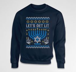 Ugly Hanukkah Sweater Chanukah Gifts Jewish Sweatshirt Hanukkah Menorah Holiday Pullover Dreidel Hoodie Crew Neck Sweat