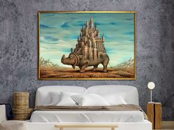 majestic castle, surreal rhino art, canvas wall art, surreal art print, surreal painting, wall art canvas design, framed