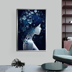 Woman in Blue Art Print, Abstract Woman Wall Art, Modern Decor Ideas for Home and Office with Different Frame Options
