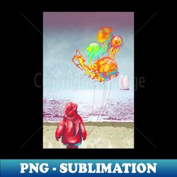 The Seashore child with jellyfish balloons and a lavender ocean - PNG Transparent Digital Download File for Sublimation - Bold & Eye-catching