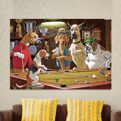 Dogs Playing Pool, Bar Decor, Retro Billiard Playing Dogs, Pool Table Dogs Canvas Wall Art