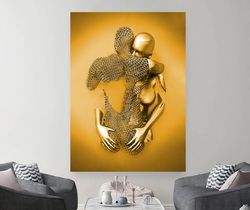 Metallic Canvas Art 3D Effects, Couples Hugging Wall Art, Couples Kissing Wall Art, Modern Golden Canvas Art