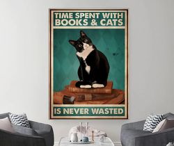Time Spent With Books And Cats Is Never Wasted Poster, Black Cat Sleep On A Stack Of Books, Bookworm Art, Black Cat Love