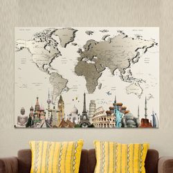 World map, Home Decoration, World Map Wall Art, Symbol monuments of countries, cartoon world map, World Map Wall art, ic