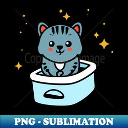 cute and smiley blue cat sitting in its cat litter box - special edition sublimation png file - fashionable and fearless