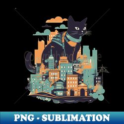 Black cat sitting in front of a colourful city - Trendy Sublimation Digital Download - Perfect for Creative Projects