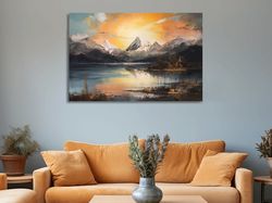 Abstract oil painting of an alpine lake at sunrise ,Canvas wrapped on pine frame