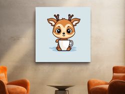 cartoon illustration of a cute baby deer having morning coffee ,canvas wrapped on pine frame